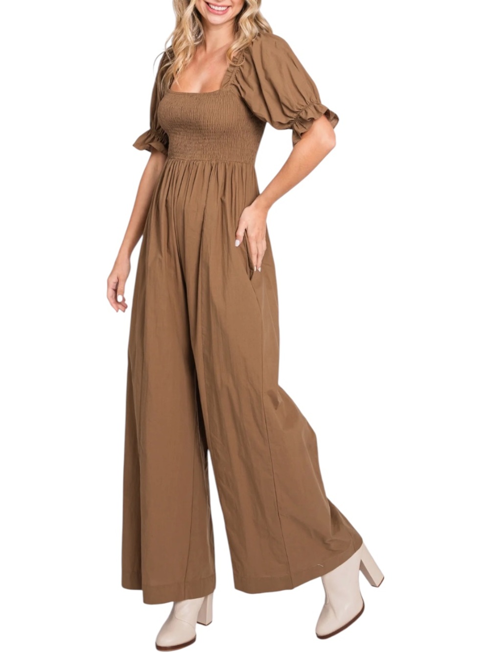 Elloh Collection Chestnut Brown Smocked Wide Leg Jumpsuit Size L 100% Cotton
